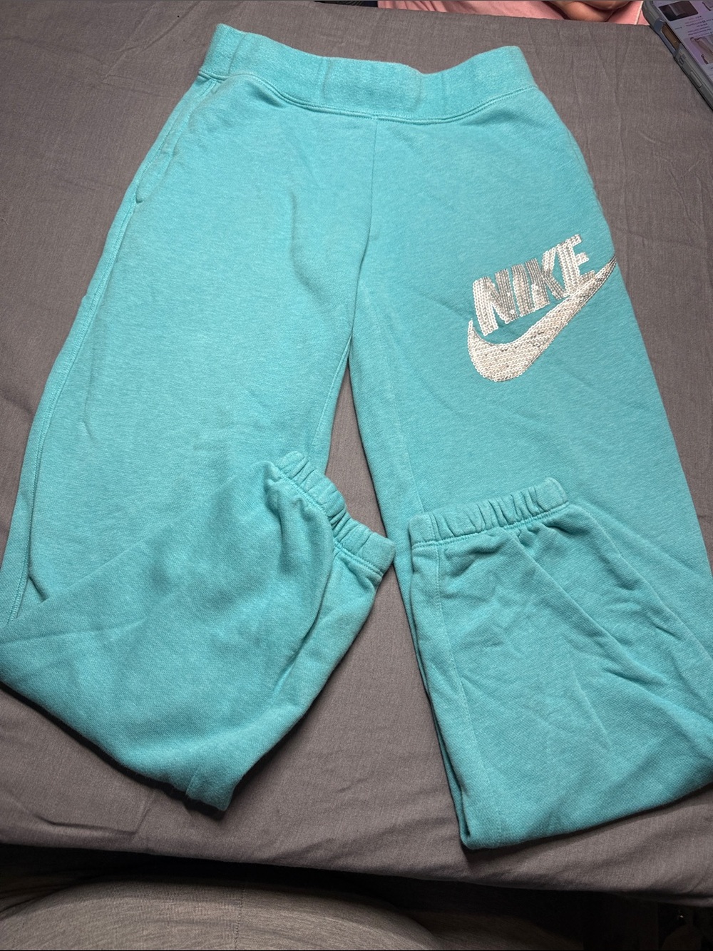 Nike Kids Aqua Sweat Joggers with Silver sequin Swoosh